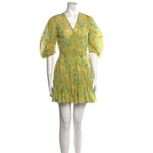 RHODE Claudine Mini Wrap Dress Sz S Bird and Floral Print Ruffle Yellow V-Neck